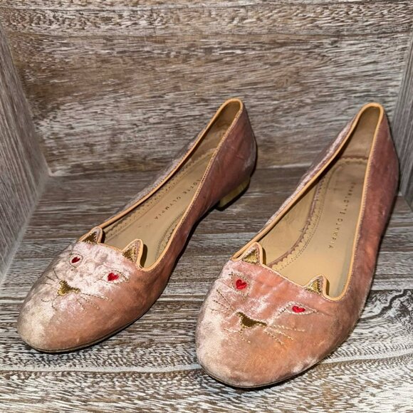 Charlotte Olympia Blush Pink Velvet Cat Kitty Loafer Flats - Picture 1 of 9